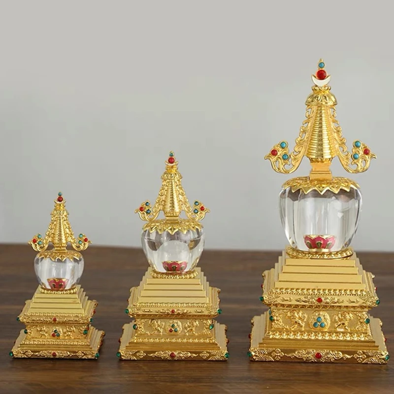 

Tibetan Engraved Acrylic Gemstone Buddha Statue Stupa Tantric Alloy Handicraft Stupa Buddhism Home Altars Desktop Decorative