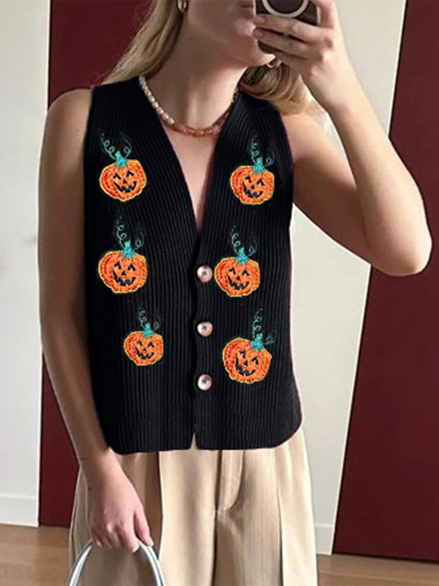 Womens Halloween Sweater Vest Pumpkin V Neck Sleeveless Button Down Knitted Cardigan Casual Streetwear