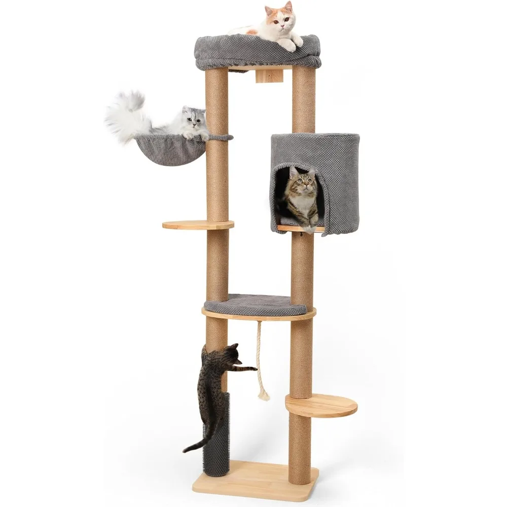 Cat Tree, 74 Inch, Wall-Mounted, Rubber Wood Shelves, Scratch-Resistant Fabric, Multi-Level Grey Cat Tower for Indoor