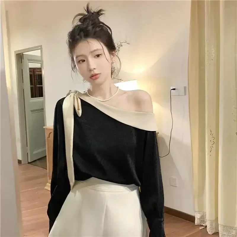 Bow Contrast Patchwork Elegant Blouse Women Clothing Spring Autumn 2025 Long Sleeve Loose Temperament Shirt Tops Fashion Korean
