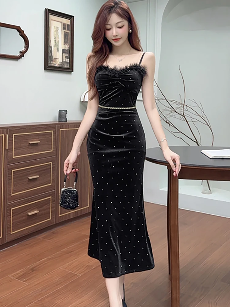 

2025 черное бархатное длинное платье на бретельках с бриллиантами в горошек, женское корейское винтажное роскошное вечернее платье, осеннее облегающее шикарное вечернее платье