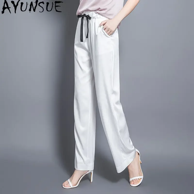 

95% Mulberry Silk Summer Trouser Elegant Women Pants High Waist Lace-up Show Thin Long Pants Woman Clothing Thin Straight Pants