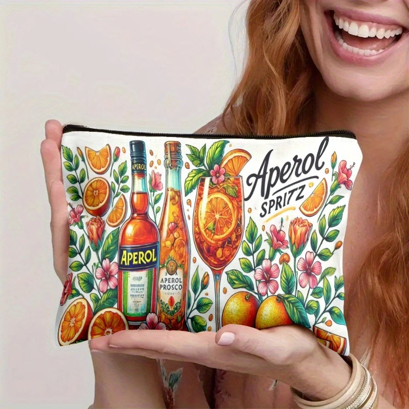 Bolsa de maquillaje con diseño de cóctel Aperol Spritz, bolsa de cosméticos ligera con cremallera y ilustración de naranja y cítricos vibrantes, 1 ud.