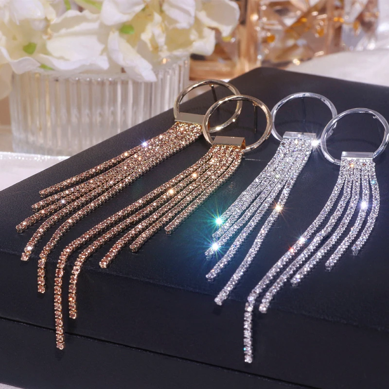 New Long Tassel Earrings for Women Luxury Shining Rhinestone Drop Dangle Earrings Charm Dinner Wedding Party Jewelry Accessories