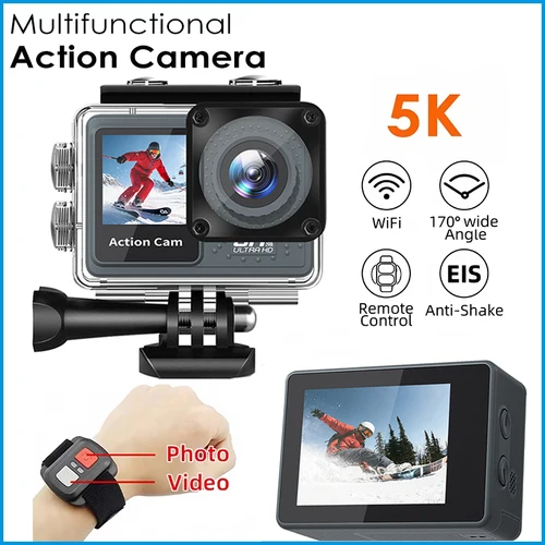Imagen 1 del producto Cámara de acción 5K Cámara WIFI antivibración 1080P Pantalla dual 170 ° Impermeable en casco motocicleta bicicleta cámara deportiva Control remoto