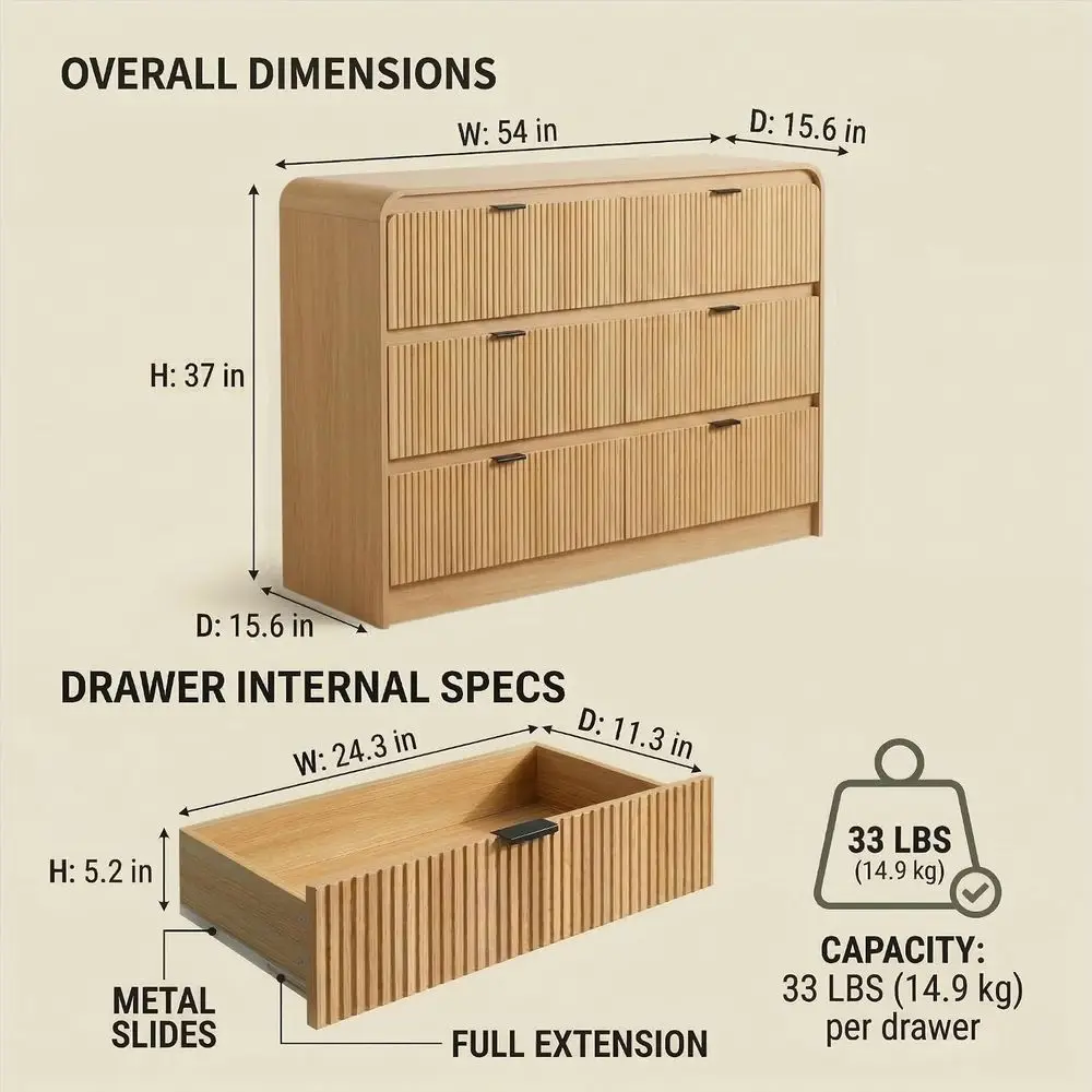 luted 6 Ders Drer or Bedroom, 54" Wide Wooden Drer with Metal Handle, Curved Proile Design, ern Storage Organizer or Bedroom, Li view 2