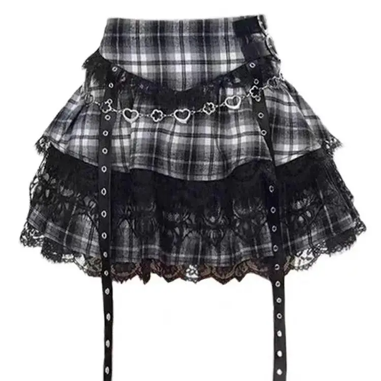 Japanese Party Lace Korean Harajuku Japanese Grunge Punk Lace Skirts Summer Women Dark Academia Y2k Kpop High Waist Mini Skirt