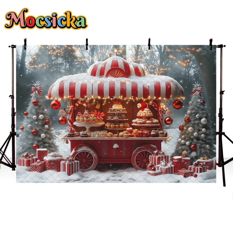 Christmas Candy Stand Photography Background Winter Forest Snow Gift Box Decor Kids Adult Family Portrait Photo Backdrop Studio