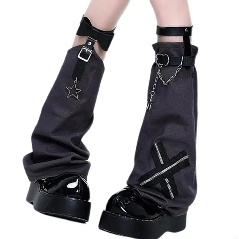 L5YC Aesthetic Fashion Leather Buckle Garters Leg Warmer Streetwear Harajuku Boot Cover Vintage Crosses Stitched Leg Warmer