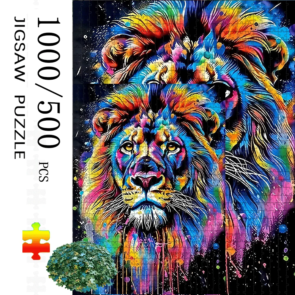 1000/500 قطعة لغز الأسد للبالغين والعائلات - أسد وأسد كبير على طراز 5D مع قطع ملونة مرمزة، ديكور منزلي يمكنك صنعه بنفسك
