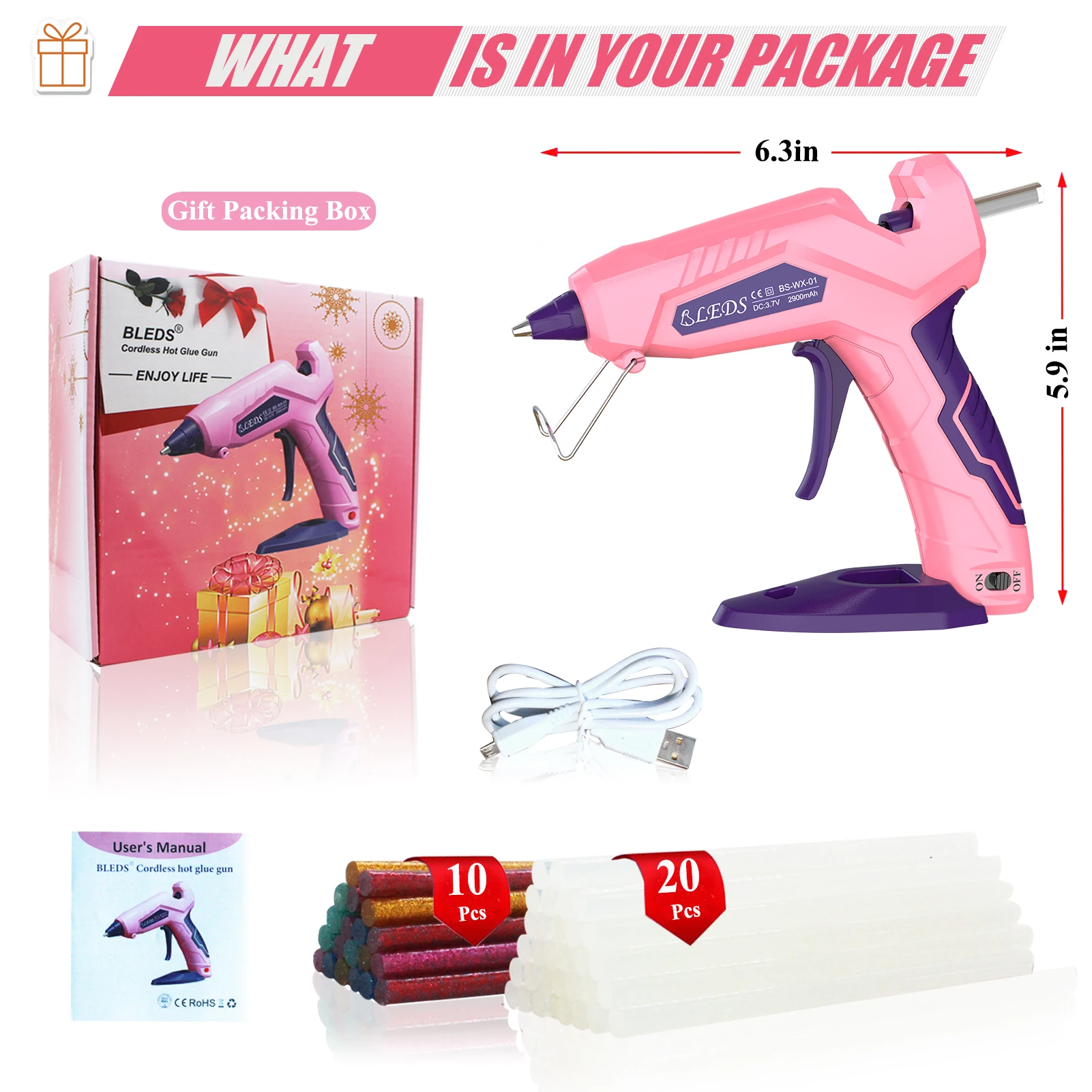 Pink Cordless Hot Glue Gun, 2900 mAH USB-C Rechargeable Wireless Glue Gun with 30 Pcs 7mm Glue Sticks, Tools for Craft DIY