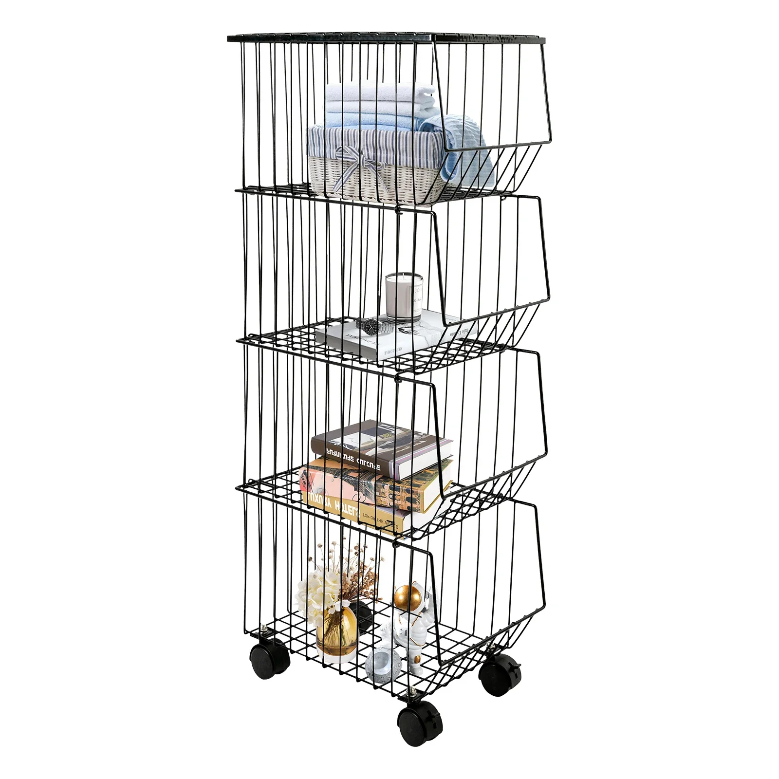 4Tier Basket Stand Organizer Shelf with 4xWheels For Kitchens, Bedrooms, Living Rooms, etc