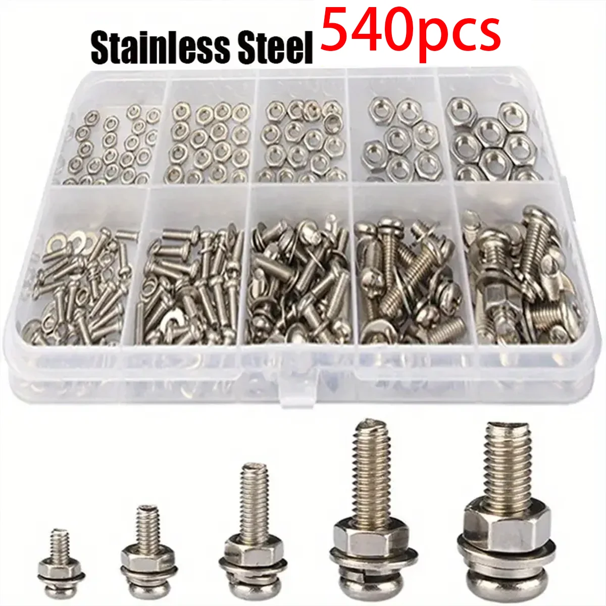 540-teiliges Set aus Edelstahlschrauben und Muttern, einschließlich M2, M2,5 und M3-Kreuzschlitzschrauben, Muttern und Unterlegscheiben; Miniaturschrauben.