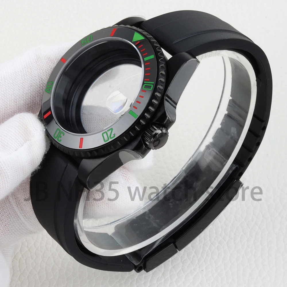 40mm Black PVD NH35 Watch Case Sapphire Glass 316L Stainless Steel Fit SUB GMT YACHT-MASTER NH35 NH36 Movement Rubber Bracelet