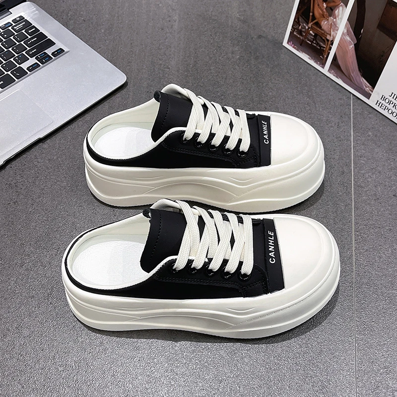 Фото Chaussures Femme Décontractées à Semelle Épaisse - Style Rétro en Cuir - Blanc Polyvalent Rehaussant - Élégant pour Loisirs