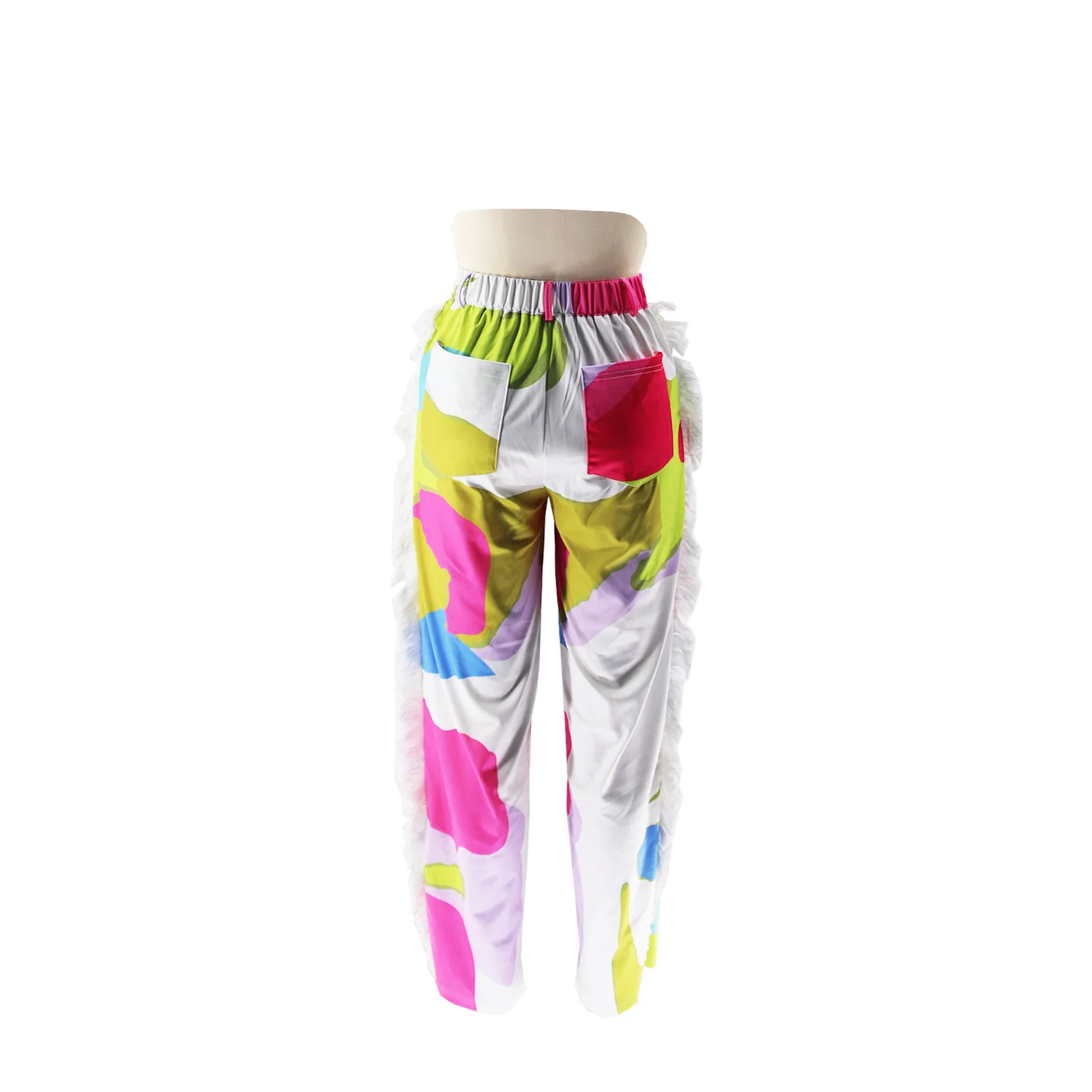 BKLD Autumn Fashion Streetwear Women Clothing Color Block Printed Tassel Patchwork Wide Leg Pants Casual High Waist Trousers