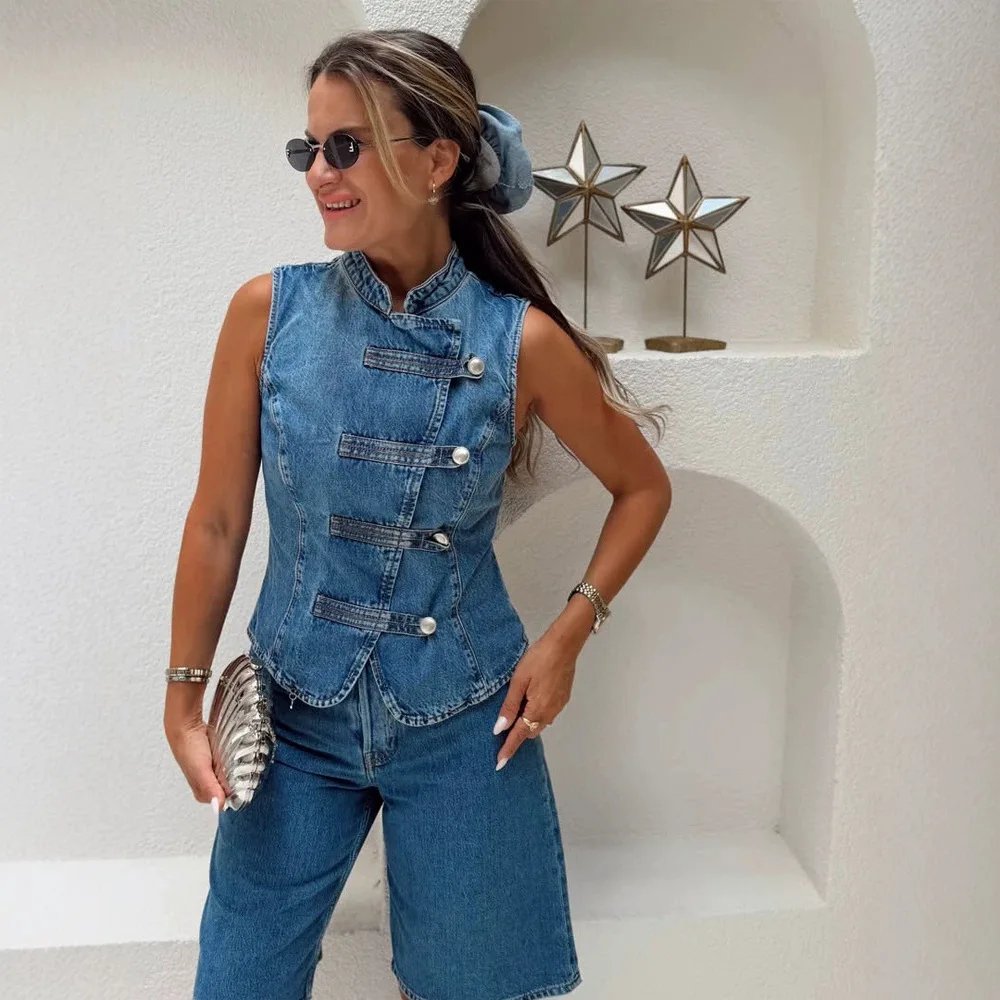 Mingmingxi Retro Blue Denim Sleeveless Jacket - Slim Fit Pocket Detail Cowboy Vest for Women Spring Autumn Layering