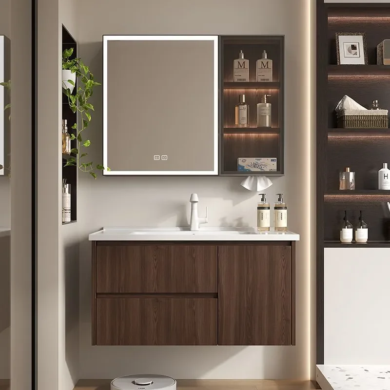 for Walnut Honeycomb Aluminum Bathroom Cabinet with Ceramic Integrated Basin Washbasin Vanity Unit Modern Space Saving