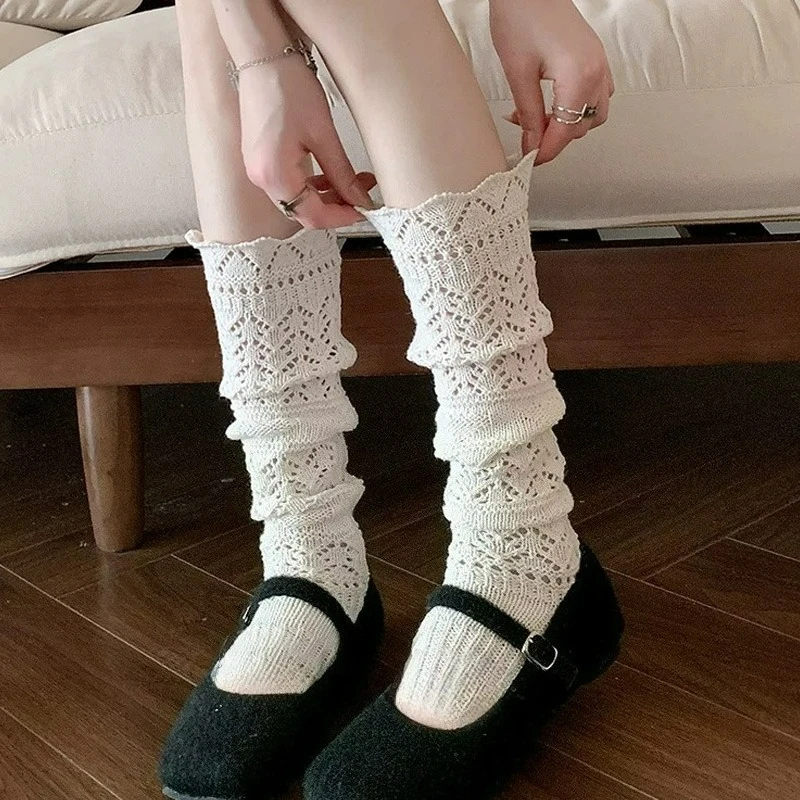 

Полые гольфы в японском стиле, вязаные сапоги JK, женские осенние белые вязаные длинные носки-трубочки, однотонные чулки