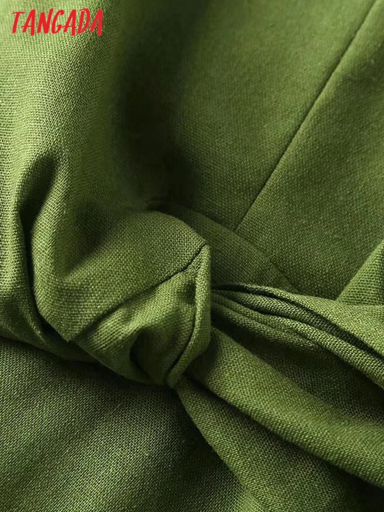 Tangada 2023 fashion women green cotton linen bow dress vintage sleeveless ladies midi dress 4C71