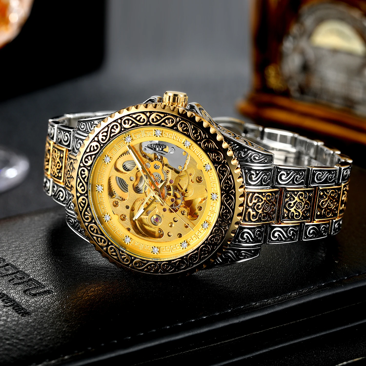 FORSINING Vintage Carving Mens Skeleton Luxury Automatic Mechanical Watches Hollow Rhinestone Dial Stainless Steel Fashion Clock