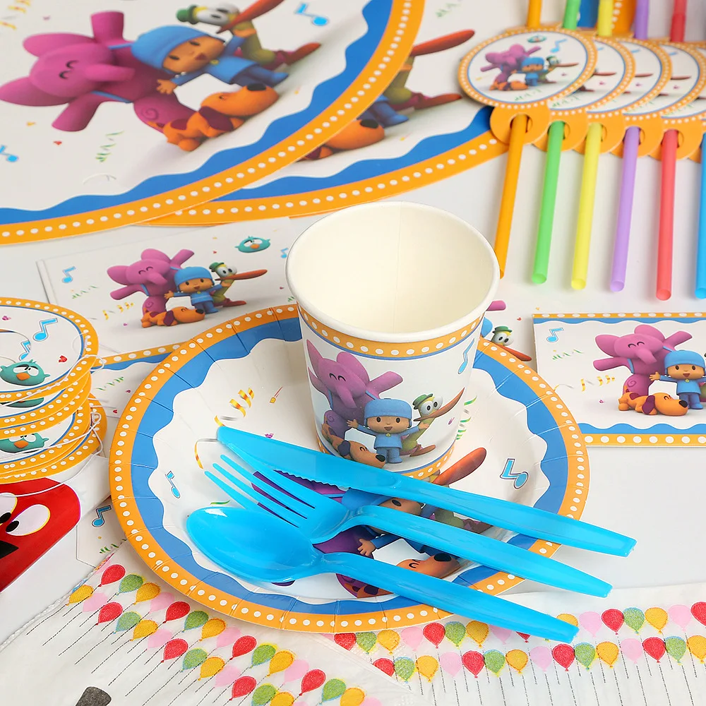 Cartoon Pocoyoed Children's Birthday Party Supplies Disposable Tableware Sets  Balloons Plates Cups Backdrop Decor for Kids Gift