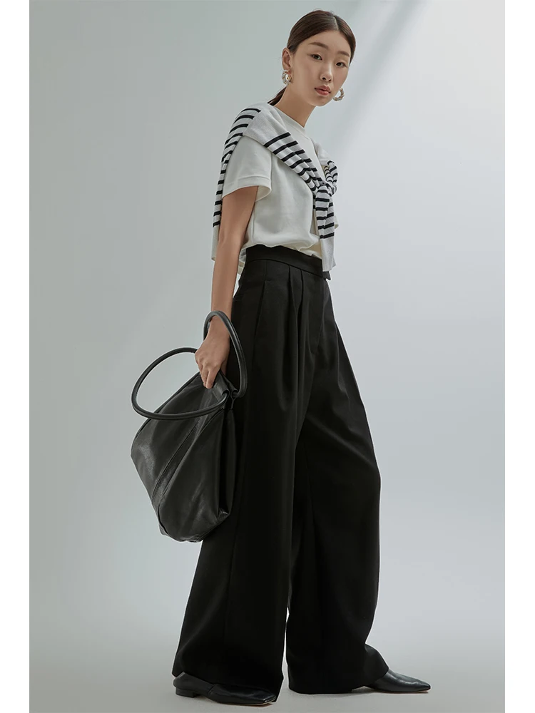 

Современные женские брюки с высокой талией и широкими штанинами, драпированные, стройнящие, длинные, повседневные, для офиса, зимняя коллекция