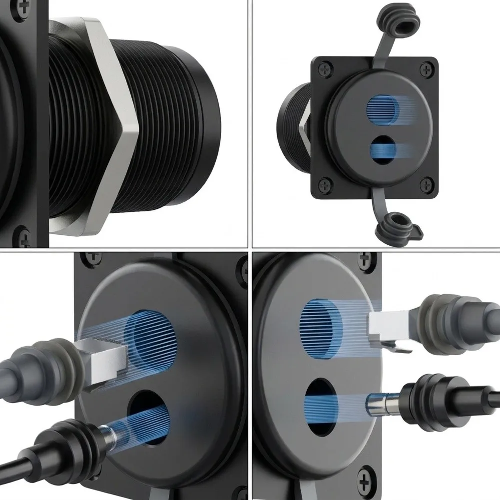 Waterproof Dual Interface Bulkhead Connector IP68 for RJ45 Ethernet and DC 5.5x2.1mm Power in Boat and Off Grid Environments
