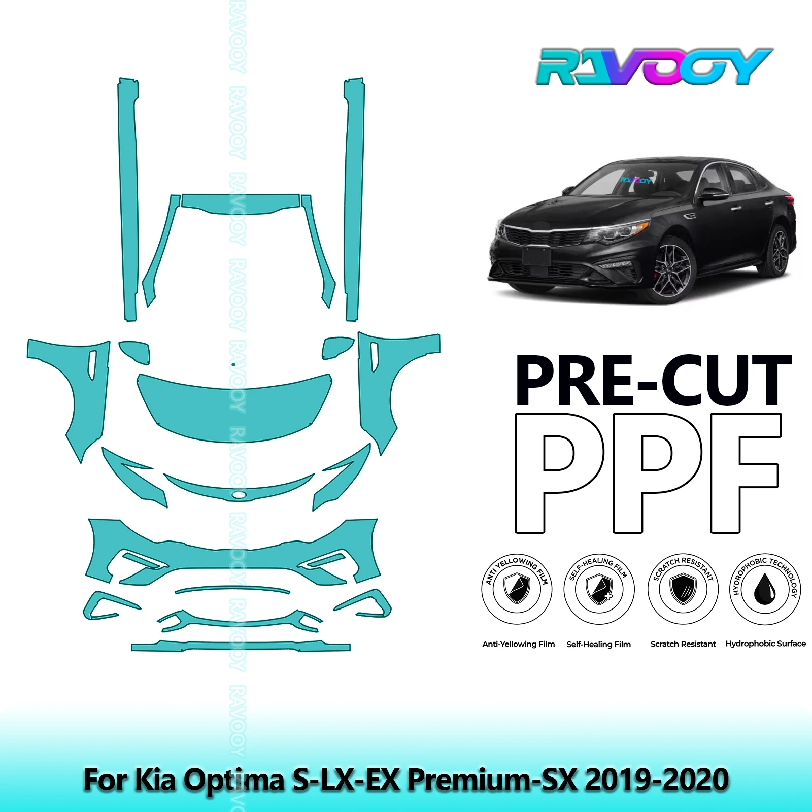 RAVOOY 8.5Mil Custom-Fit Precut TPU PPF Front Kit+Rockers Clear Bra Stone Guard For Kia Optima S-LX-EX Premium-SX 2019-2020