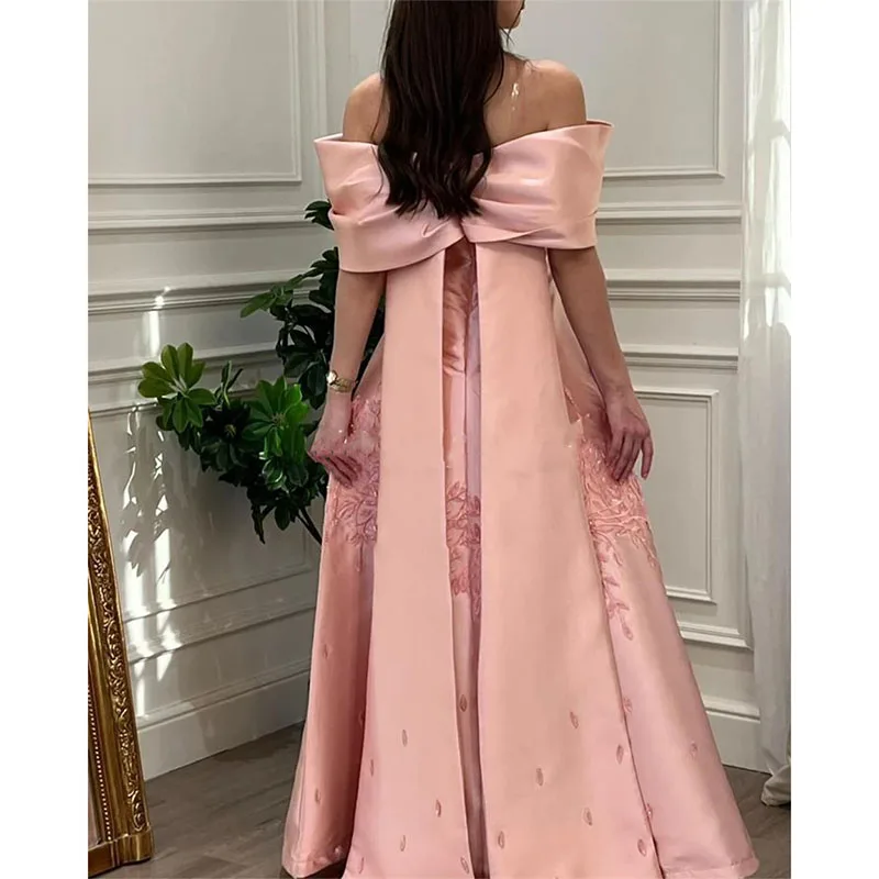 2024 Elegant Off The Shoulder Long Prom Dress A-line Satin Appliqued Floor-Length Evening Dress for Special Occasions