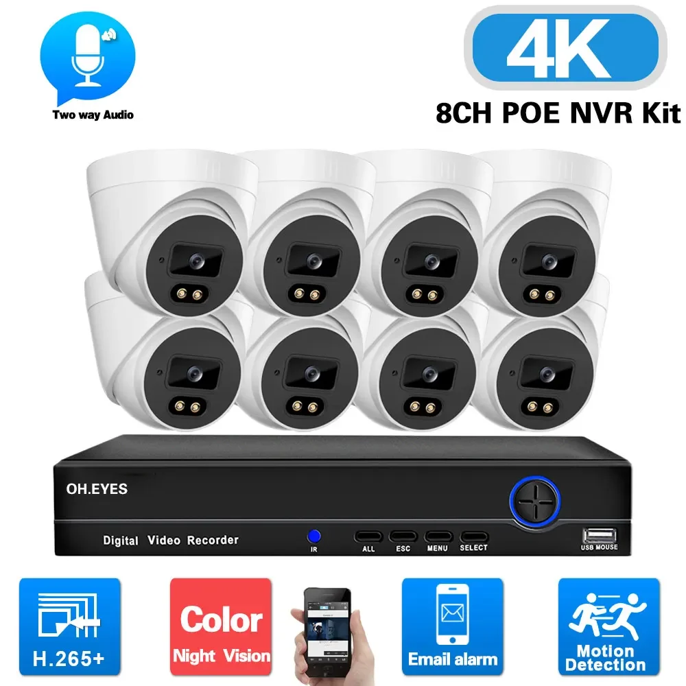 

4K CCTV POE IP Dome Camera System 2 Way Audio Color Night Vision Indoor Home CCTV Security Camera System Set 8MP 8CH POE NVR Kit