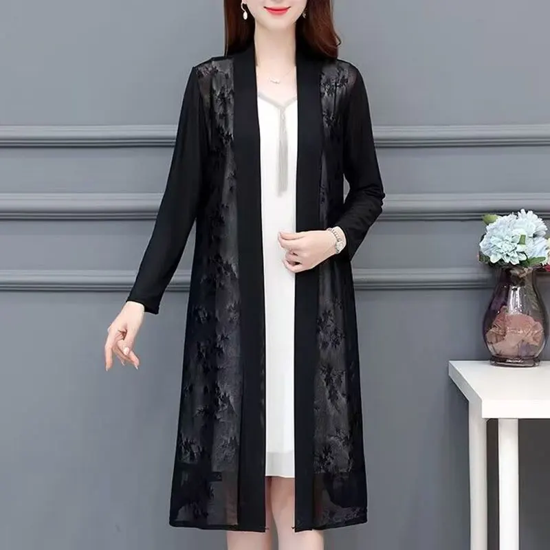 Commute Gauze Jacquard Weave Open Stitch Spring Summer Casual Long Sleeve Women\'s Clothing Stylish Spliced Straight Midi Blouse