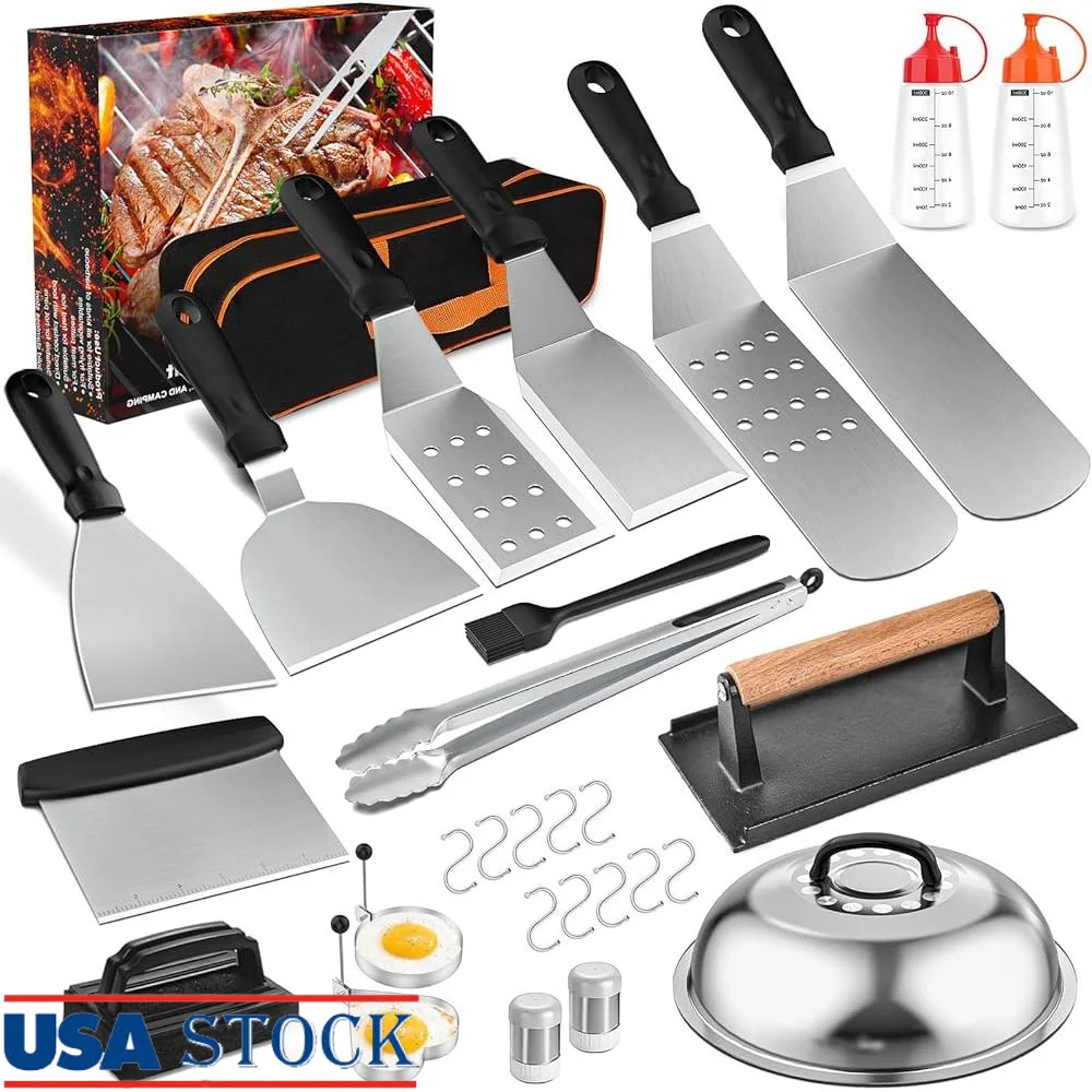 

29PC Griddle Accessories Set Heavy Duty BBQ Tools Camping Grilling Kit Stainless Steel Utensils with Storage Bag Gift Box