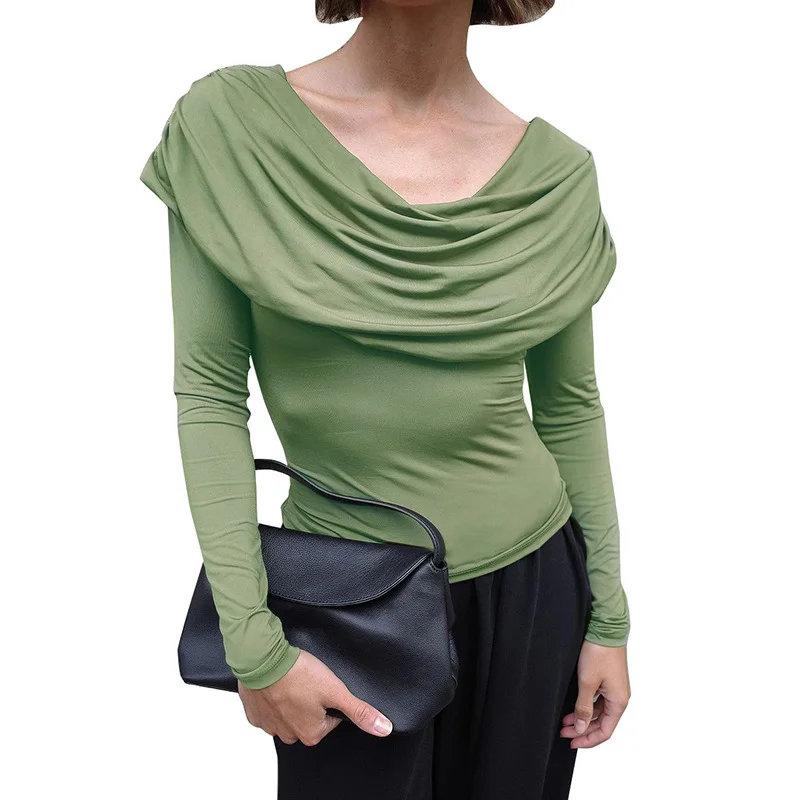 T-Shirt à manches longues et col rond profond pour femme, haut plié de couleur Pure, tissu Polyester, Style Sexy, nouvelle collection hiver 2025