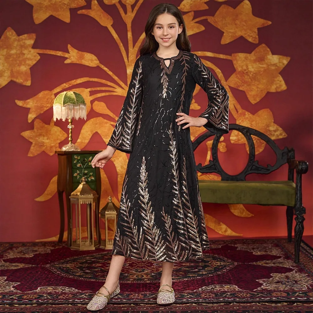 

New Morocco Muslim Kids Girls Sequins Dress Robe Ramadan Eid Djellaba Islamic Children Clothing Arabic Abaya Turkey Kaftan Party