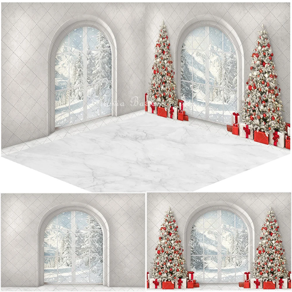 Elegant Christmas Morning Photography Backdrop Snow Mountain Photo Background Xmas Tree Kids Family Portrait Photo Studio Props