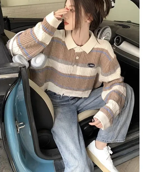 

Autumn Winter Khaki Striped Patchwork Pullover Knit Sweater Women Korean Long Sleeve