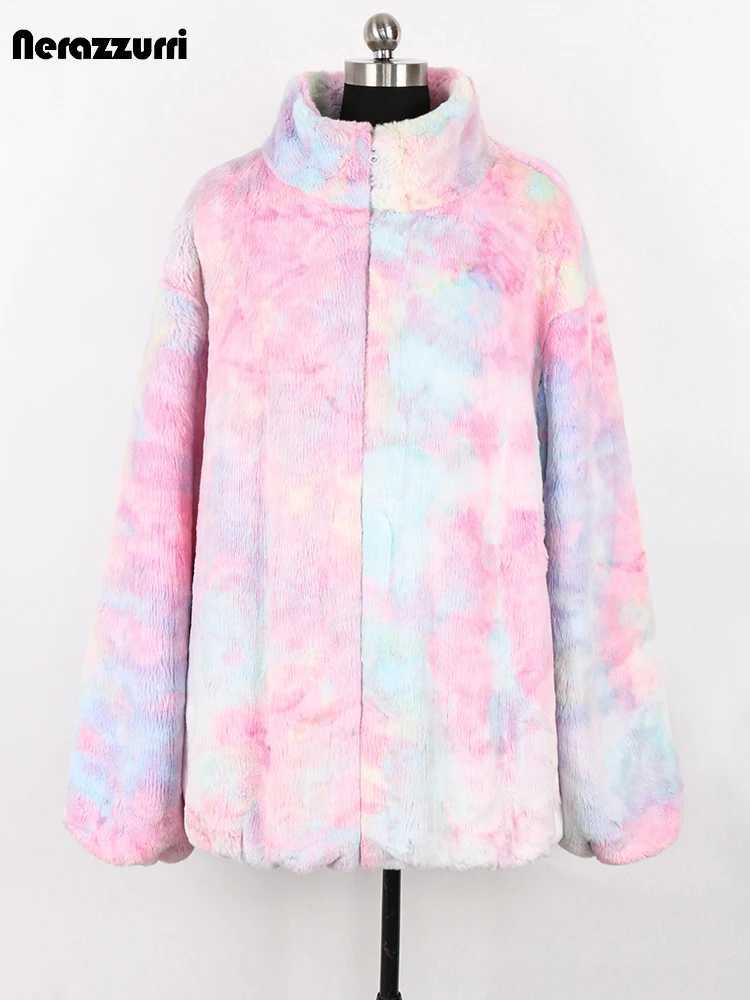 Nerazzurri Winter Colorful Casual Loose Thick Warm Faux Fur Coat Women Long Sleeve Stand Collar Zip Up Tie Dye Fluffy Jacket