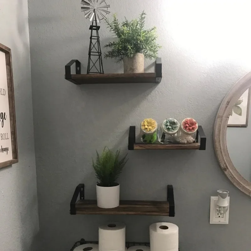 Custom Wood Holders Racks Floating Shelf Wall Mounted Set of 3 Stable Display Stand Living Room Bathroom Kitchen Wall Shelves