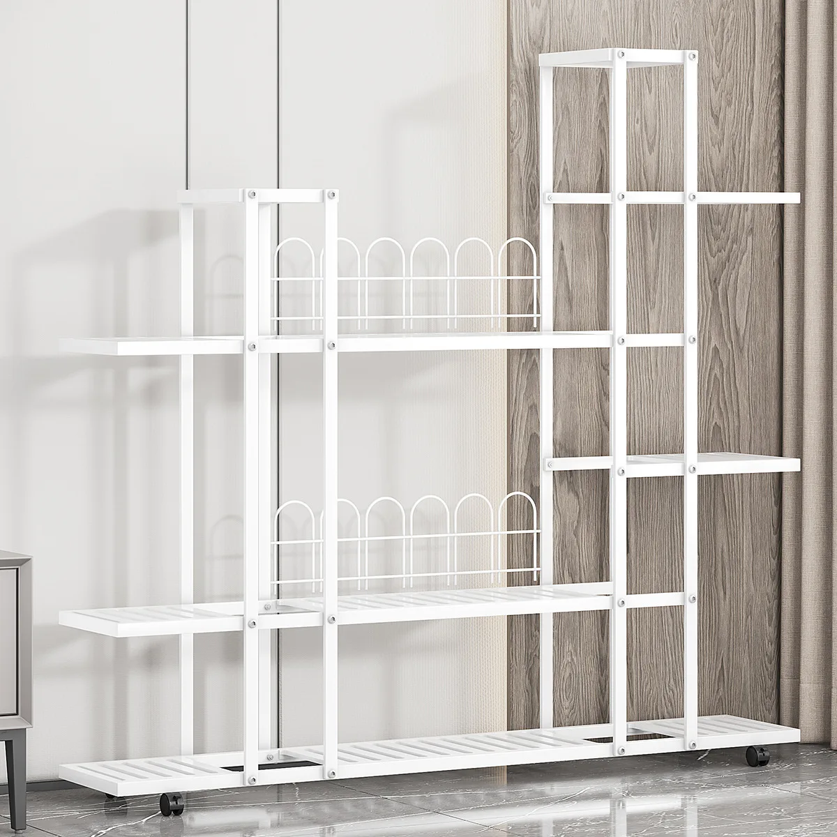 Plant Stand Indoor Outdoor Wrought Iron Multiple Planter Rack Flower Display Organizer with Wheels For Corner Balcony Garden