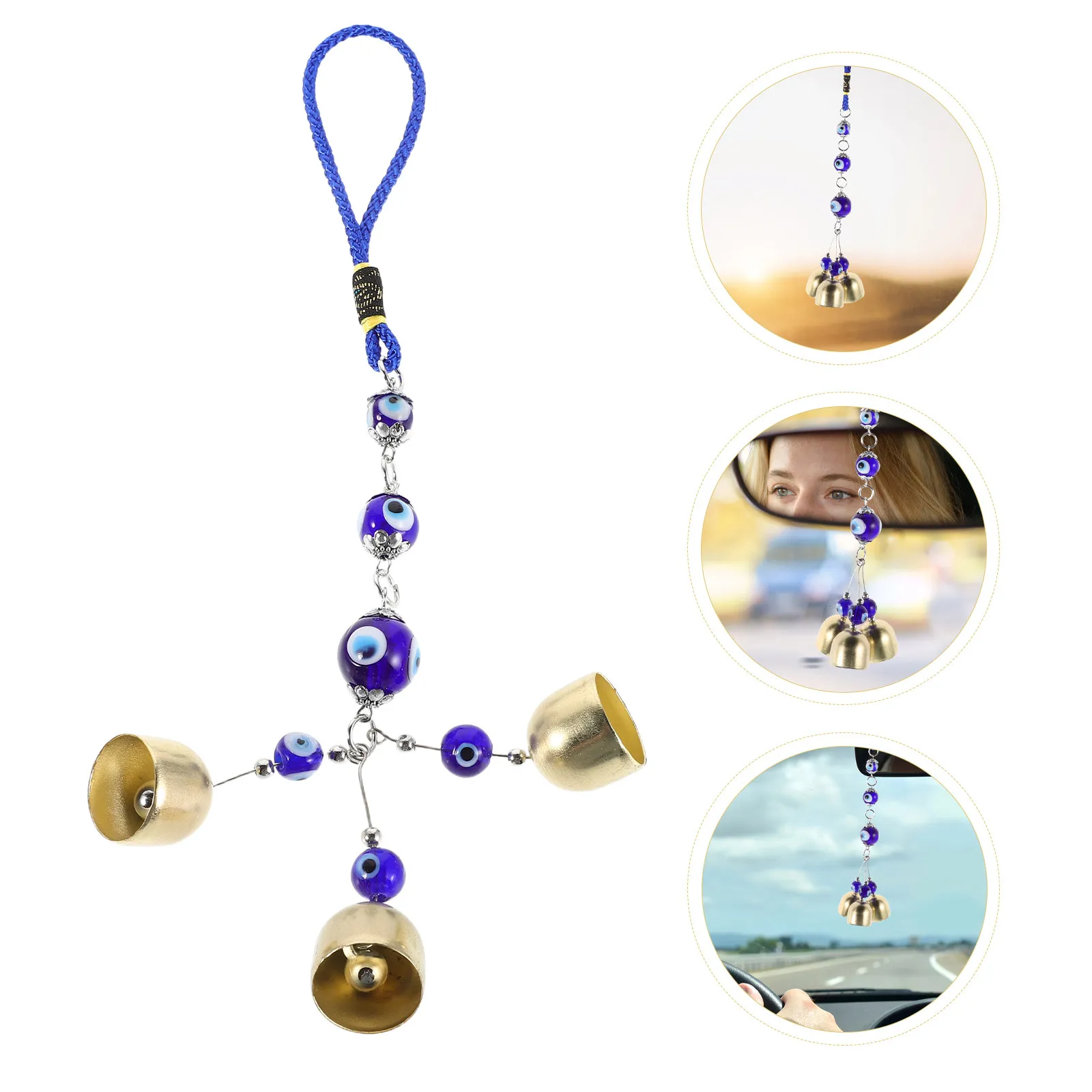 Car Hanging Ornament Turkish Blue Evil Eye Beads Copper Bell Rear View Mirror Decor Lucky Protection Charm Automotive Ornaments