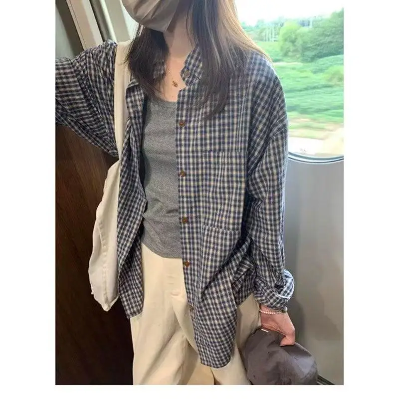 

Blue Plaid Women's Loose Fit Sun Protection Shirt Outerwear Spring 2026 Fashionable Casual Long Sleeve Button up Top