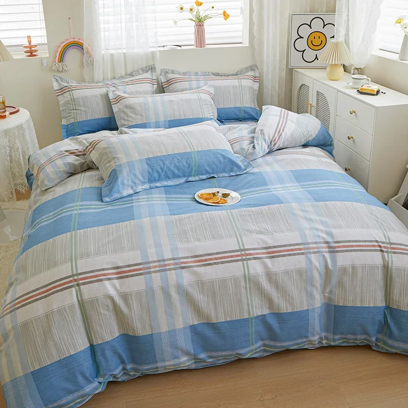 3PCS Blue Grey Gingham Cotton Duvet Cover Queen Set Simple Striped Plaid Comforter Covers with Zipper Closure Modern Bedding Set