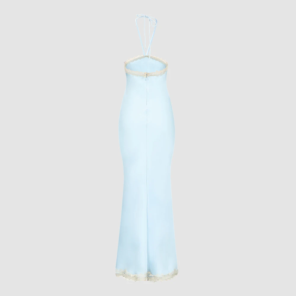 Elegante Vestido Largo Halter de Satén Azul Celeste para Mujer con Encaje y Fruncido, Estilo Bodycon Y2K para Fiesta, Club, Cumpleaños, Novedad 2026