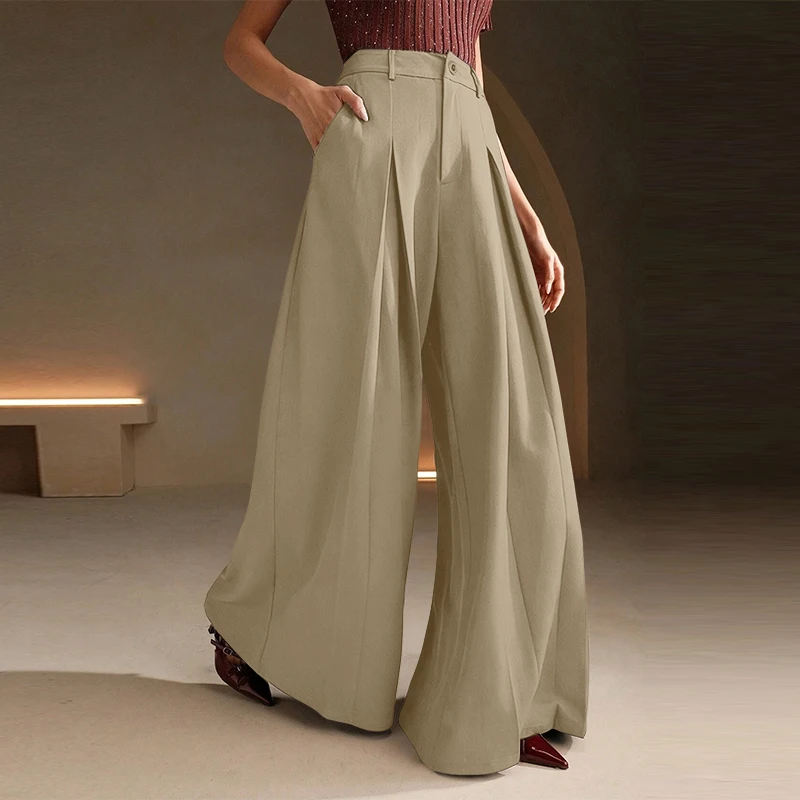 

Модные женские брюки ZANZEA с высокой талией, на молнии, элегантные офисные широкие брюки, летние повседневные свободные однотонные брюки 2026