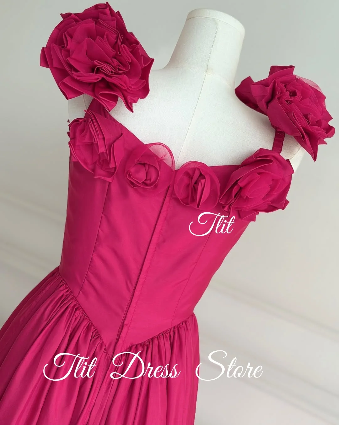 فساتين سهرة أنيقة من قماش التفتا باللون الوردي الوردي من TLIT فستان حفلات على شكل حرف v مع فيونكة زهور مخصصة #4