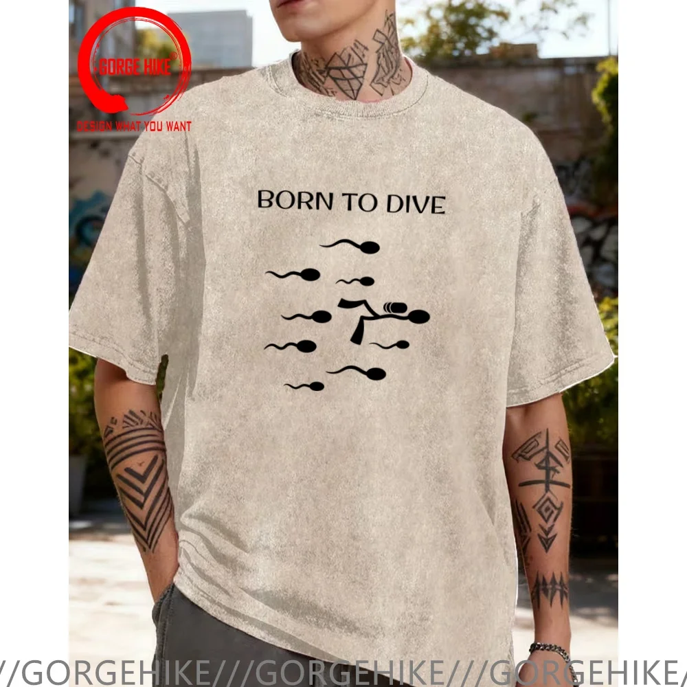 Vintage Washed Cotton T-Shirt Funny Designer Scuba Diving Flag Freediving Gift Born to Dive T Shirt Men Fashion Trendy Casual