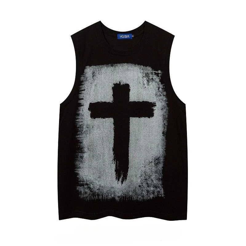 Men\'s Summer O-neck Sleeveless Short Sleeved Gothic Cross Printed Vests Trendy High Street American Retro Loose Casual Tank Tops