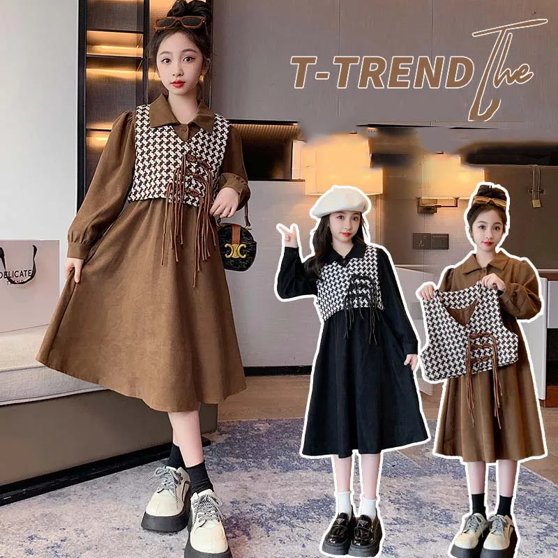 

ZOETOP 2024 Korean Spring Autumn Junior Girl 2-Piece Sets Children Girl Long Sleeve Dress+Houndstooth Knitted Vest Set For Girls