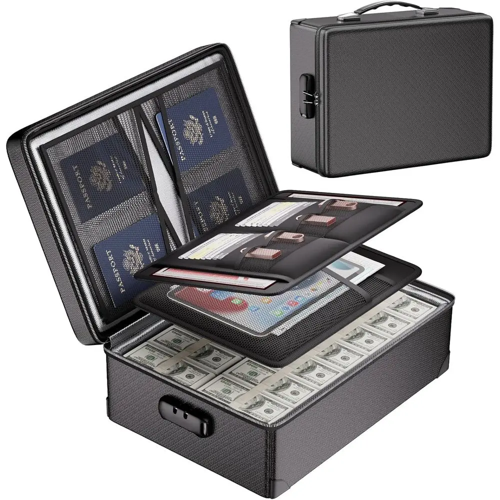 

12-Layer Heat Insulated Document Box with Lock - Secure Storage for Important Papers, Passports, and Cash (Black)